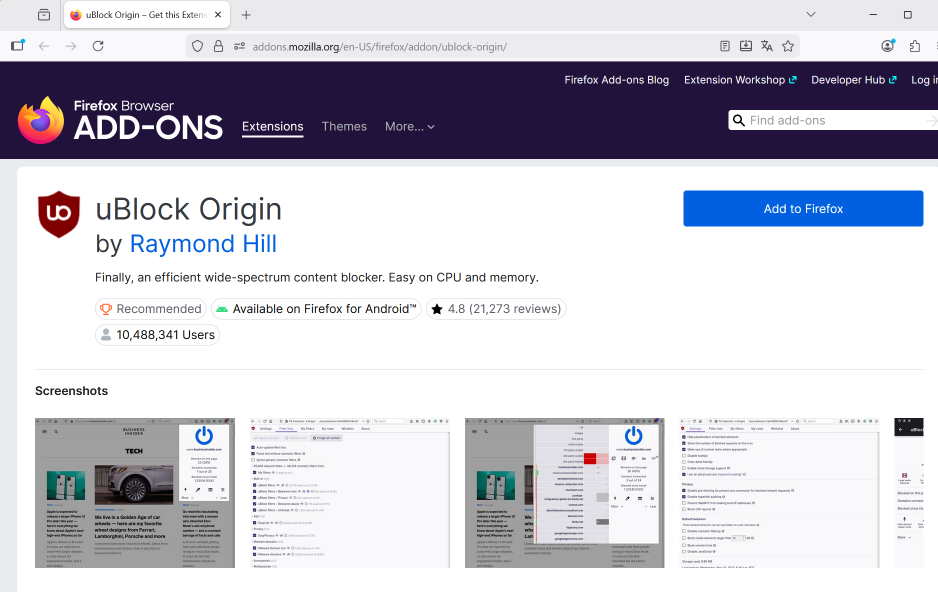 Die Vollversion von uBlock Origin für Firefox